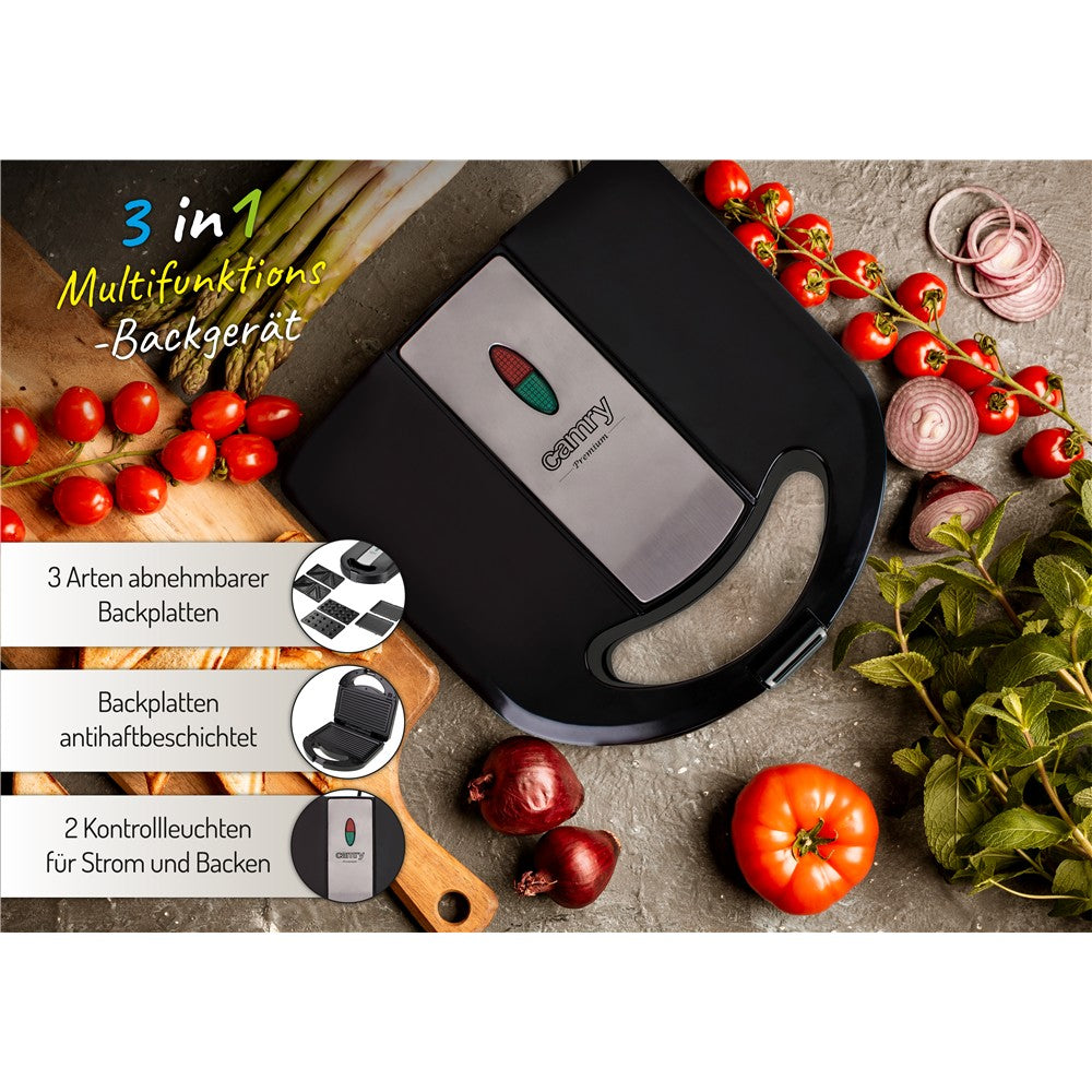 Camry CR 3063 Sandwichmaker 3-in-1, Kontaktgrill und Nusskuchen-Maker, wechselbare Antihaft-Platten, 750 W, Cool-Touch-Griff, vertikal lagerbar, Schwarz-Silber