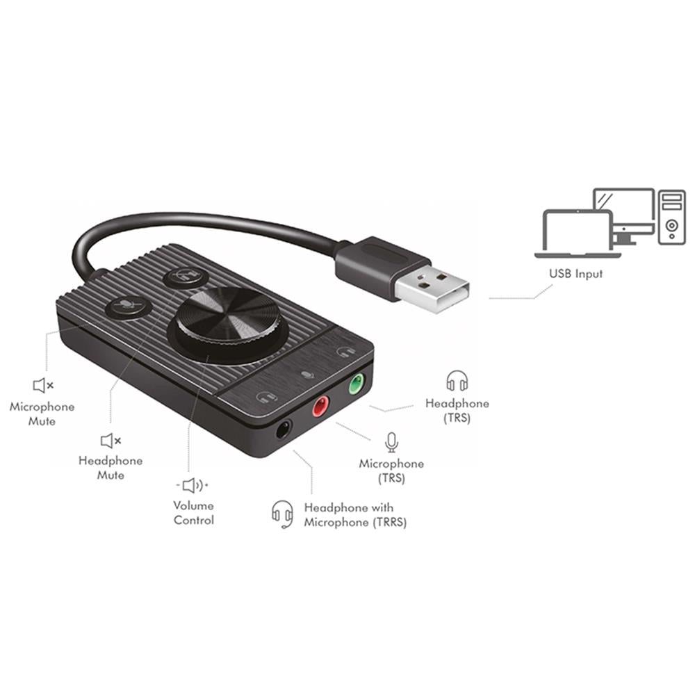 LogiLink USB 2.0-Audio-Adapter mit Lautstärkeregler, 3x 3,5 mm/F, schwarz