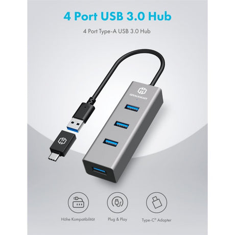 GRAUGEAR 4 Port USB 3.0 HUB, 4 Port Type-A USB 3.0 Hub, Aluminiumgehäuse