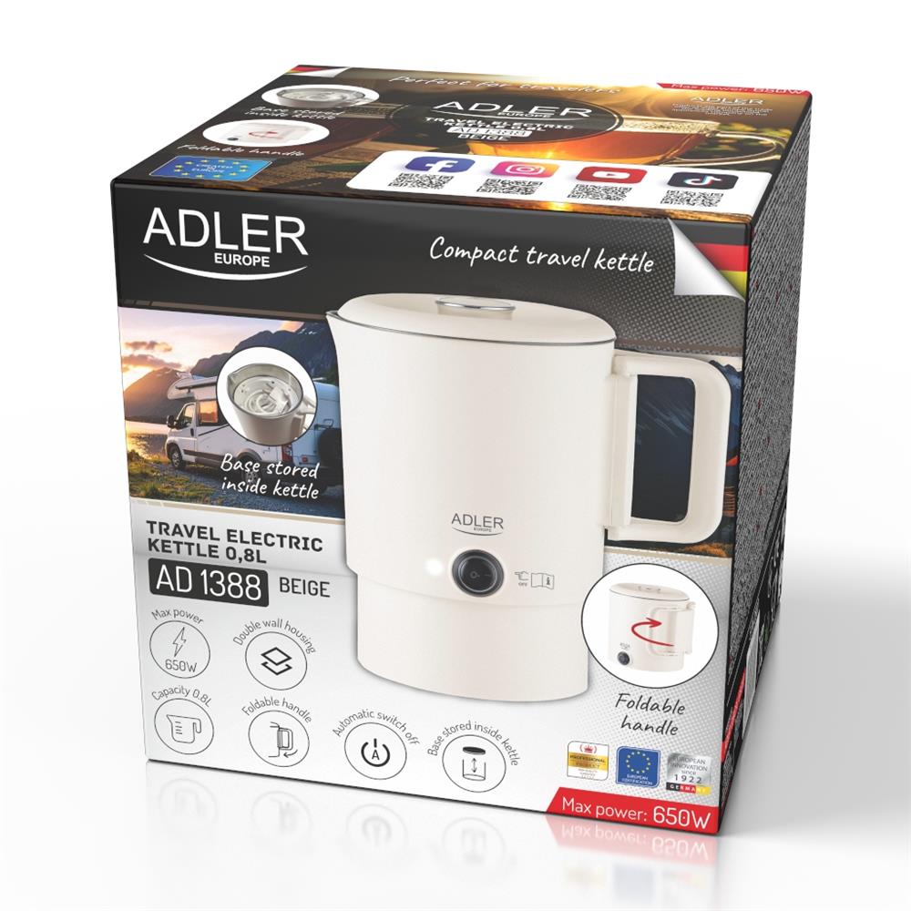 Adler AD 1388b Reisewasserkocher 0,8L kompakt leicht klappbarer Griff Beige