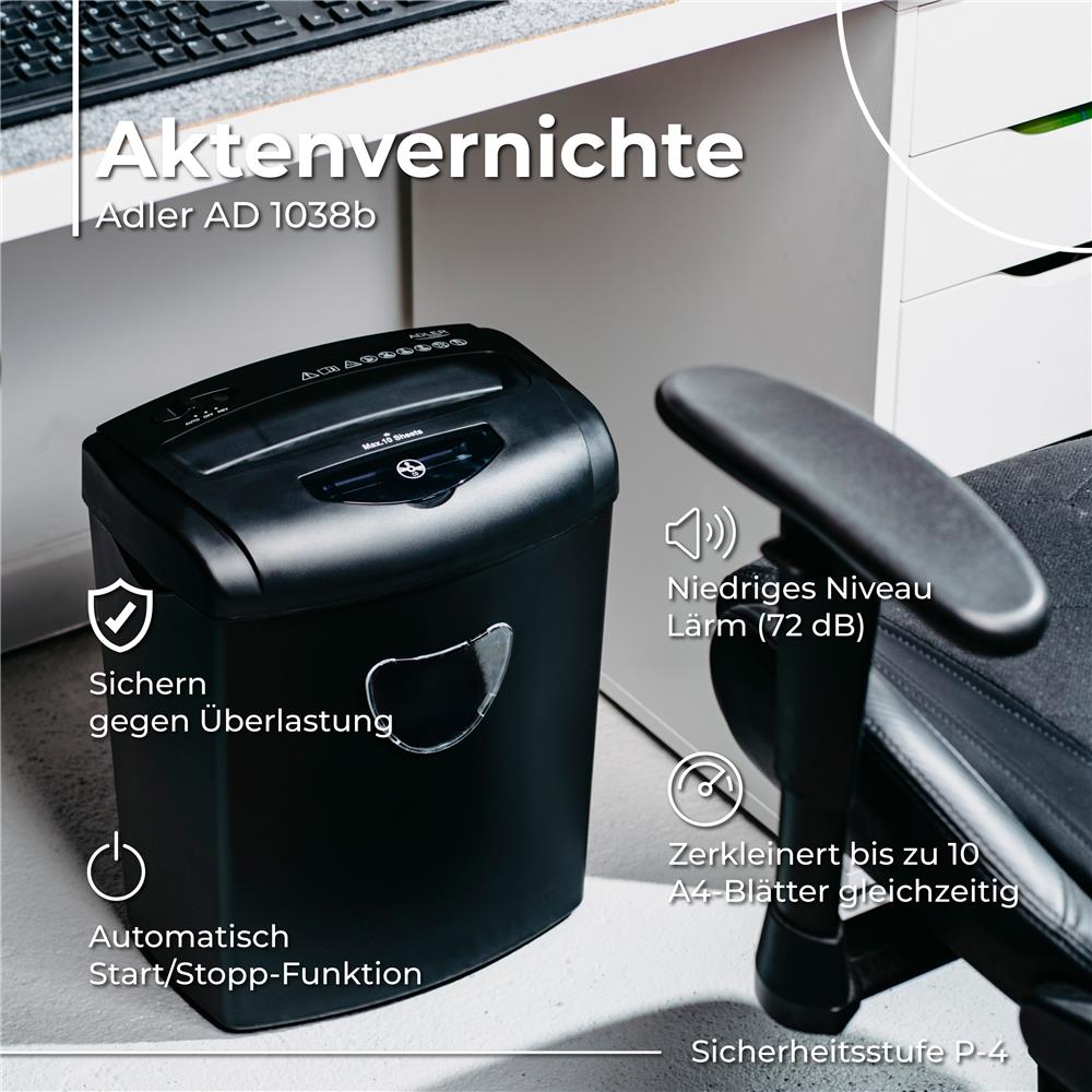 Adler AD 1038 Aktenvernichter Schwarz P4 10 Blatt 21L 330W für Papier CD Kreditkarten A4