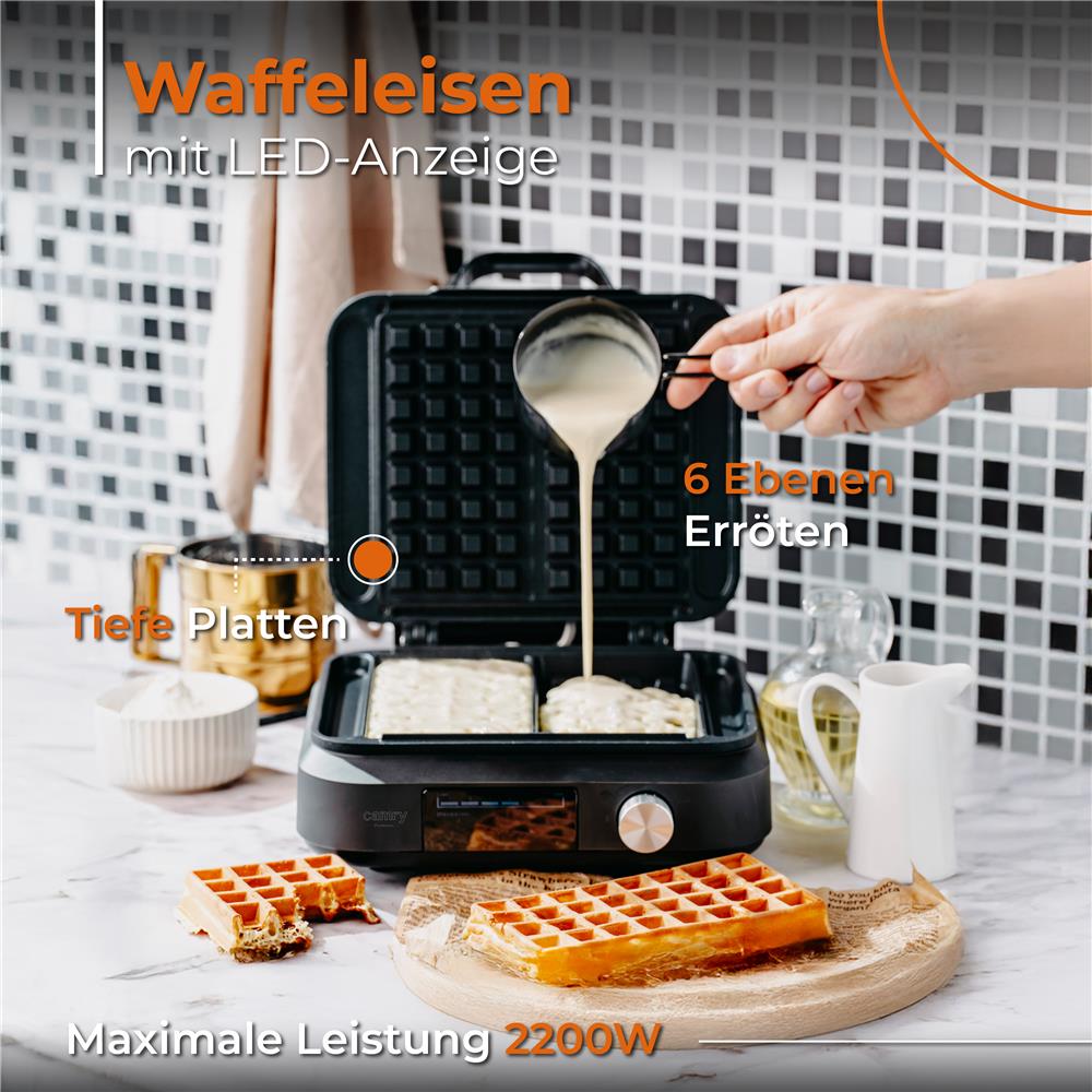 Camry CR 3086 Waffeleisen Schwarz Antihaftbeschichtet 6 Bräunungsstufen LED Anzeige