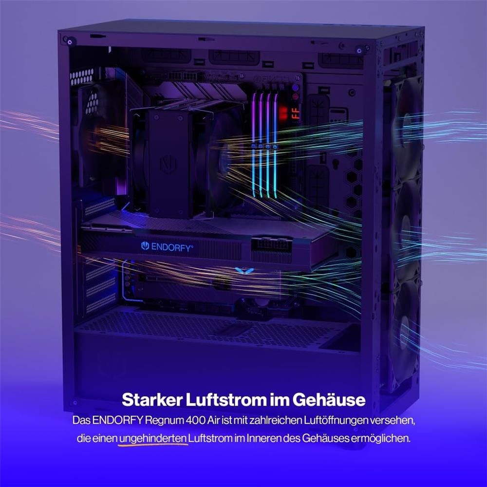 ENDORFY Regnum 400 Air, ATX PC-Gehäuse, inkl. 4x 120mm PWM-Lüfter, Seitenteil aus gehärtetem Glas | EY2A008