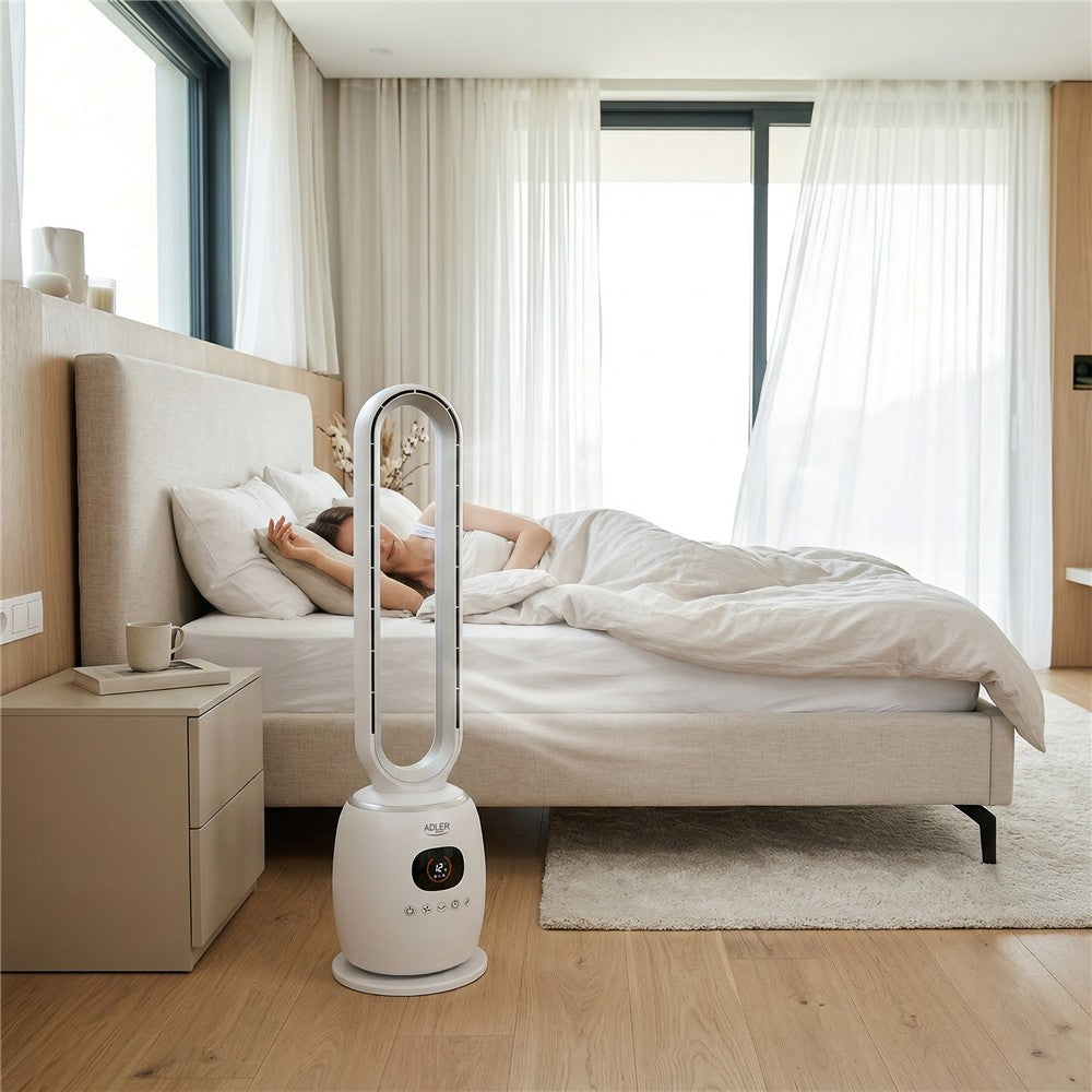 Adler AD 7344 blattloser Turmventilator, 86 cm, mit Fernbedienung, 60°-Schwenkbereich, 3 Geschwindigkeitsstufen, 3 Betriebsmodi, 1–12-Stunden-Timer, LED-Display