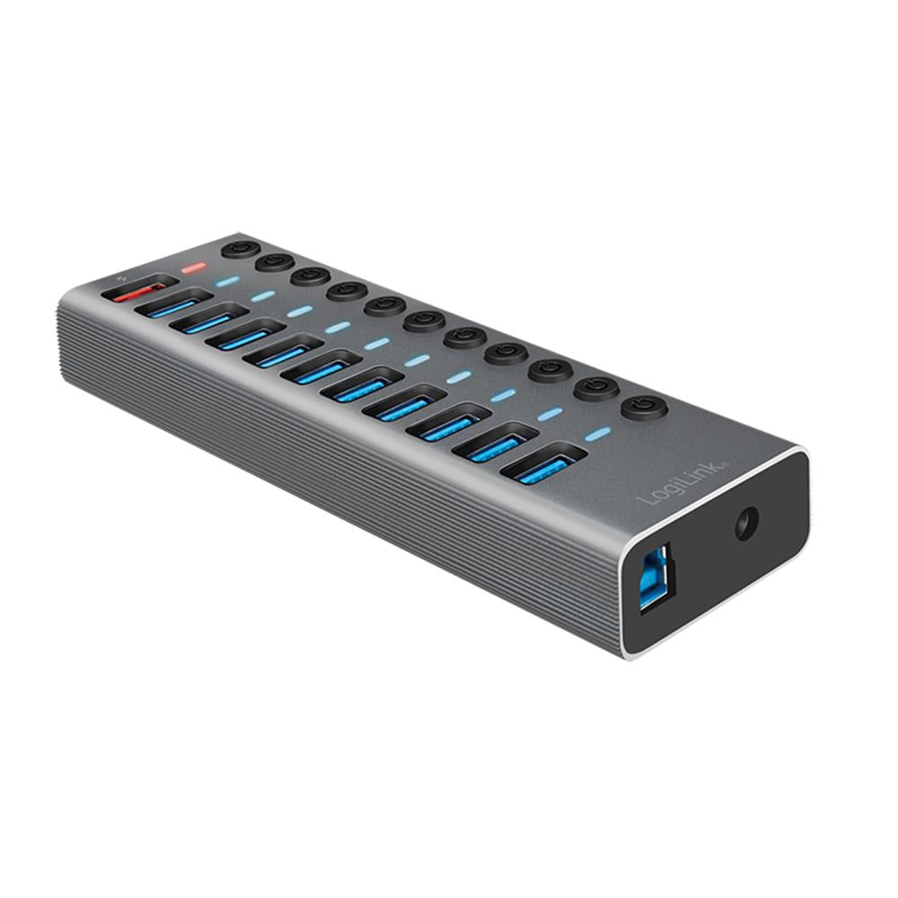 LogiLink USB 3.2 Gen 1 Hub, 10 Ports + 1x Schnell-Ladeport, Ein/Aus-Schalter