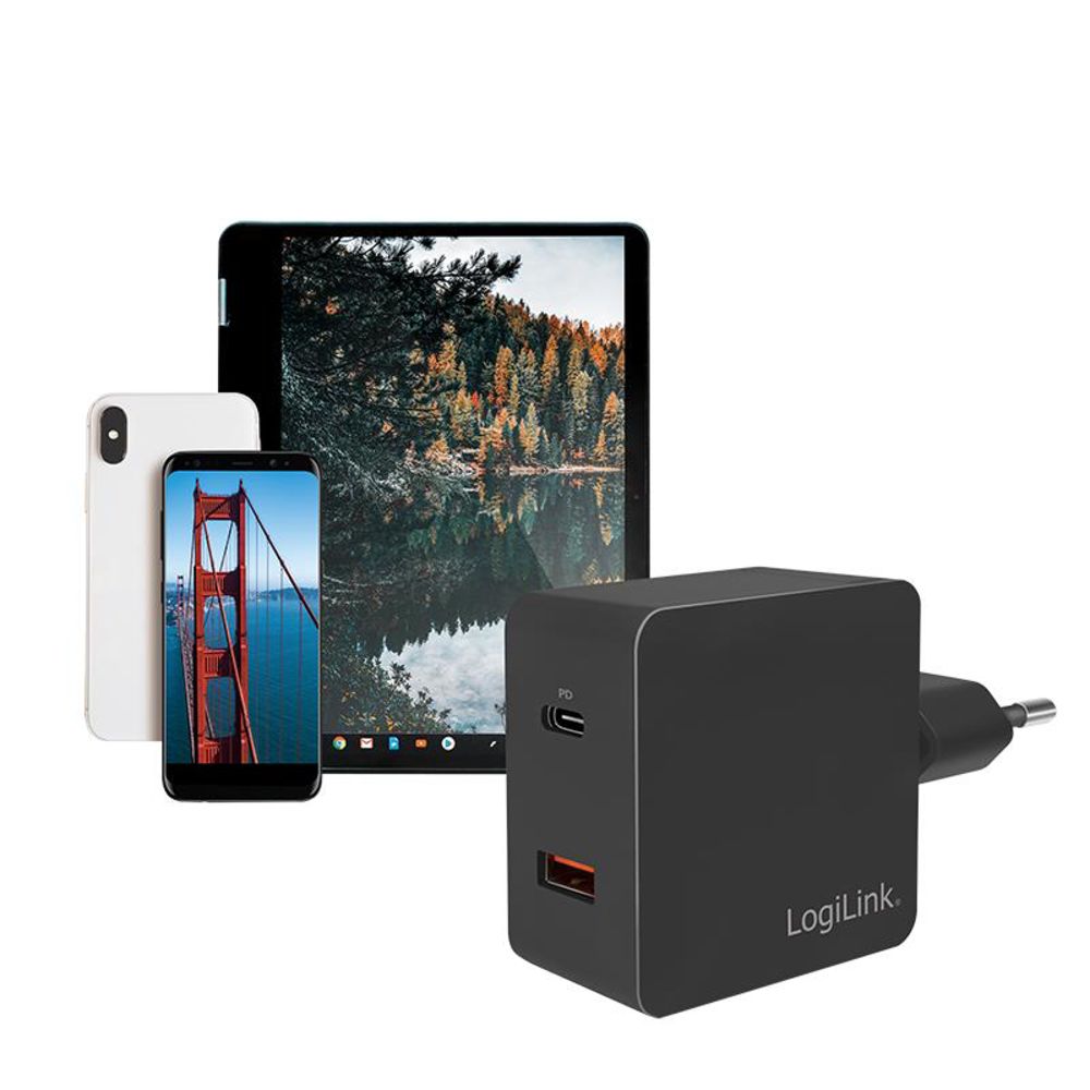 LogiLink Schnellladeadapter Dual-USB mit USB-C (PD) und USB-A (QC), 18W, Schwarz