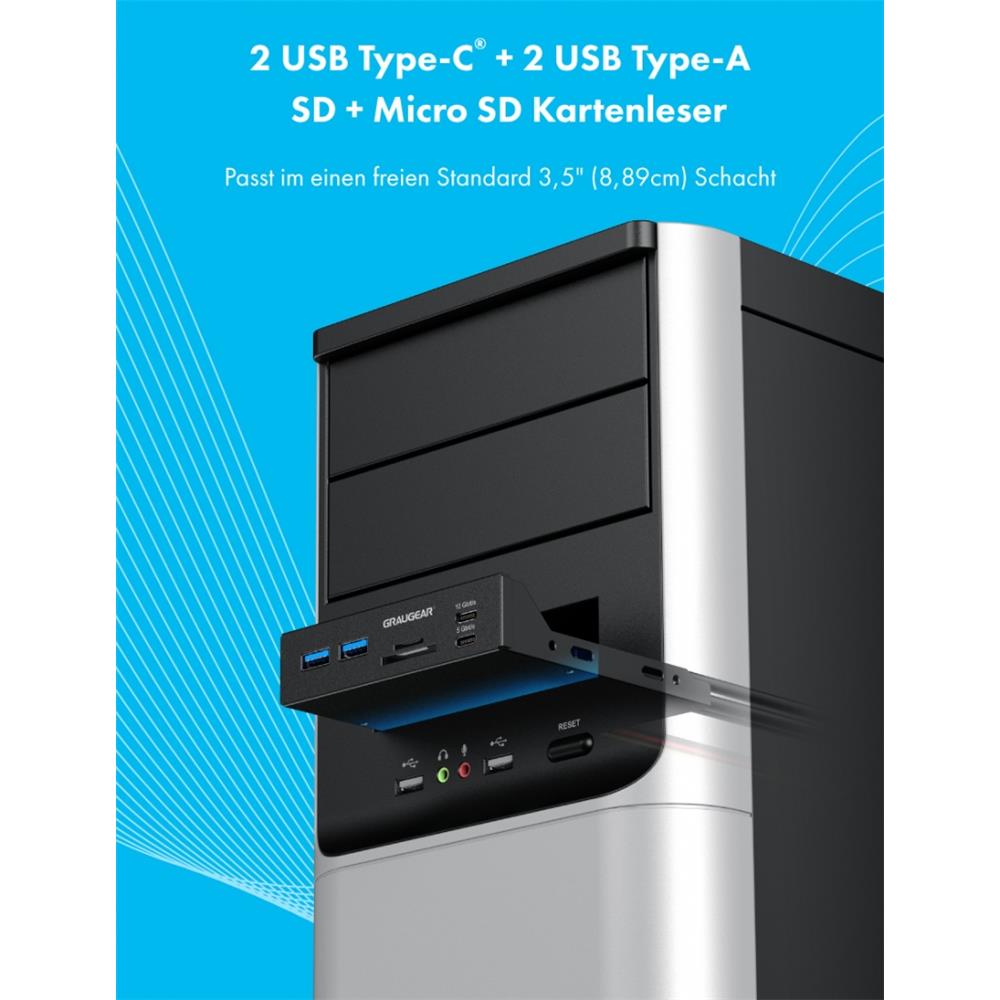 GRAUGEAR Multi Frontblende mit USB Hub Kartenleser Front Panel 2 x USB--C 20 Gbit/s 2 x USB-A Frontpanel 3,5" Schacht USB3.2 Gen2 Key-A 20 pin