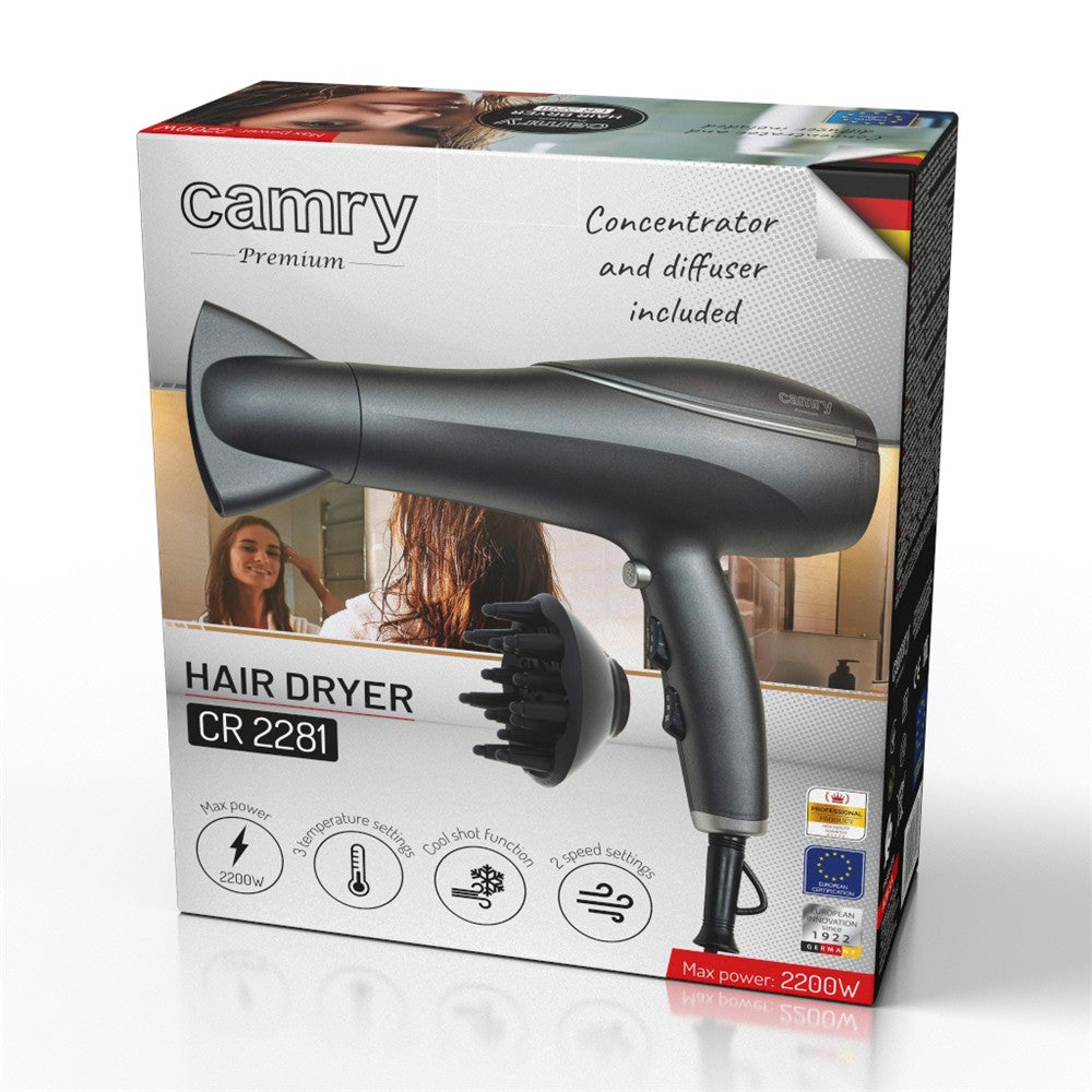 Camry CR 2281 Ionen-Haartrockner Grau 2200W mit Diffusor, Kaltluftfunktion und 3 Temperaturstufen für schnelles Haarstyling