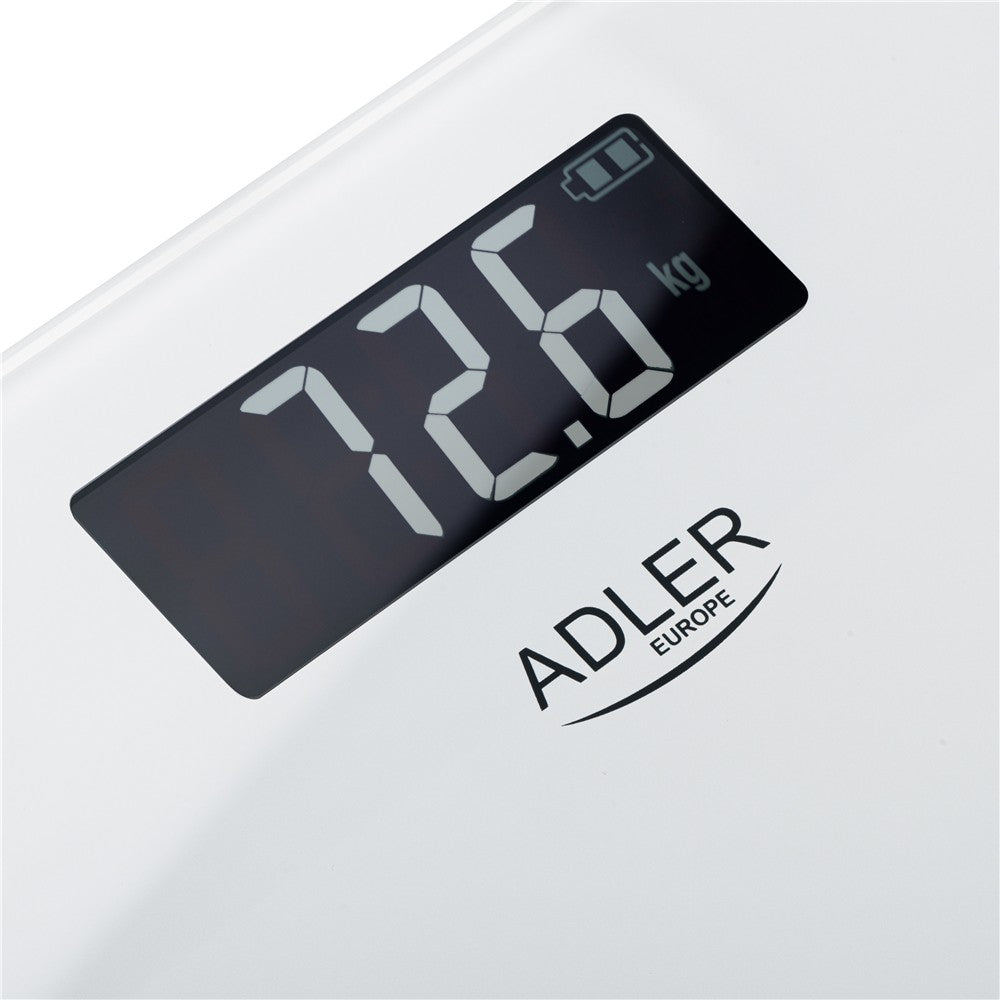 Adler AD 8194W Personenwaage Digital bis 180 kg, USB-C Akku Waage mit LCD Display, 100 g Genauigkeit, Glaswaage für Bad & Körpergewicht, Weiß
