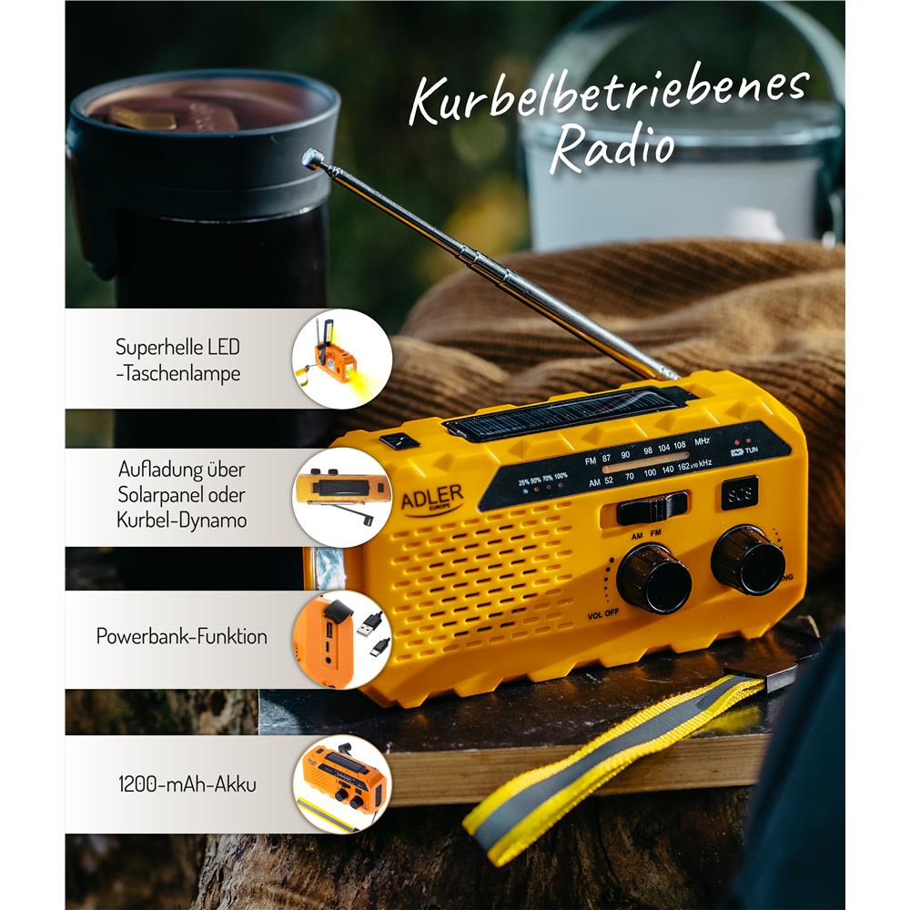 Adler AD 1197 Kurbelradio, tragbares Radio mit Taschenlampe und Ladefunktion