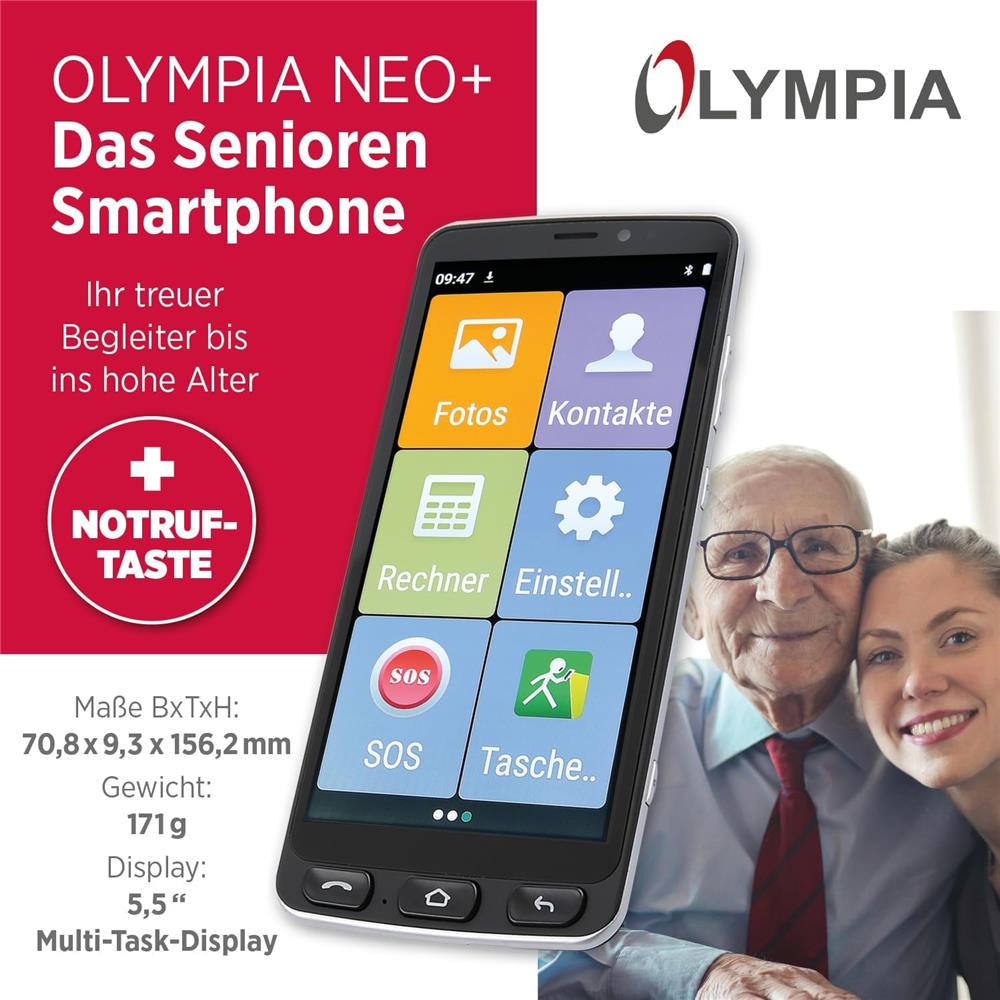 Olympia NEO+ schwarz Seniorenhandy Smartphone großem Display Notruftaste Whatsapp Android 15 4G LTE
