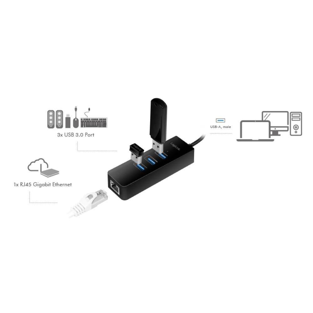 LogiLink USB 3.0/Gigabit Adapter mit 3-Port USB 3.0 Hub