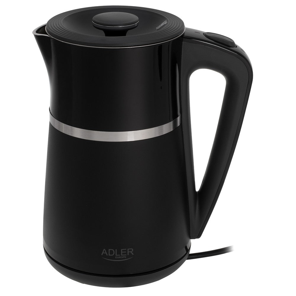 Adler AD 1355 Wasserkocher 1,7 Liter elektrischer Wasserkocher mit Doppelwand-Gehäuse, Edelstahl-Innenraum, 360° Basis, abnehmbarem Deckel, Trockenlaufschutz schwarz