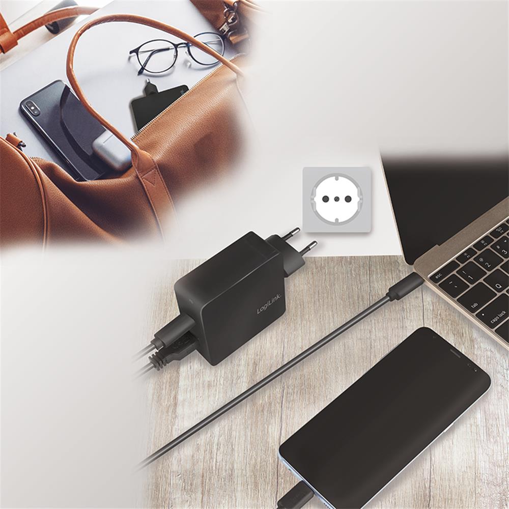 LogiLink Steckdosenadapter Dual-USB mit USB-C (PD) und USB-A, 65W, Schwarz