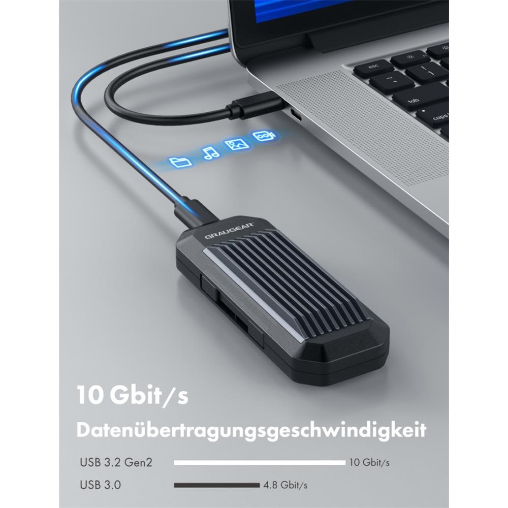 GRAUGEAR USB Type-C Gehäuse für M.2 NVMe SSD, Aluminiumgehäuse, integrierten Aufbewahrungsbox