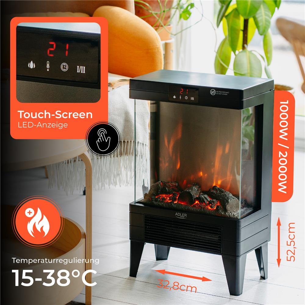Adler AD 7755 Elektrokamin Schwarz mit 3D Flamme einstellbare Temperatur