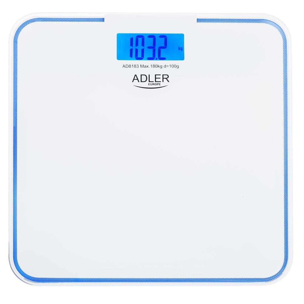 Adler AD 8183 Badezimmerwaage 180kg Personenwaage mit blauer Rand Beleuchtung weiß