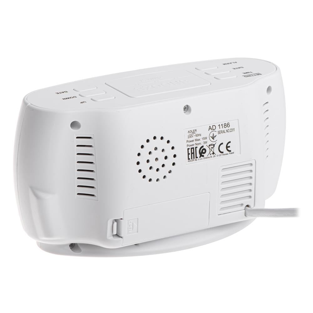 Adler AD 1186 LED Wecker mit Thermometer Datum Luftfeuchtigkeit Batterie weiß