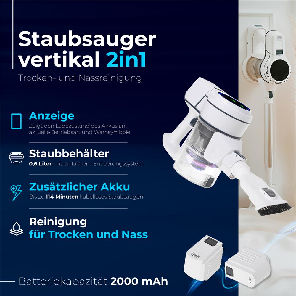 Adler AD 7064 Staubsauger kabellos Trocken und Nassreinigung Weiß
