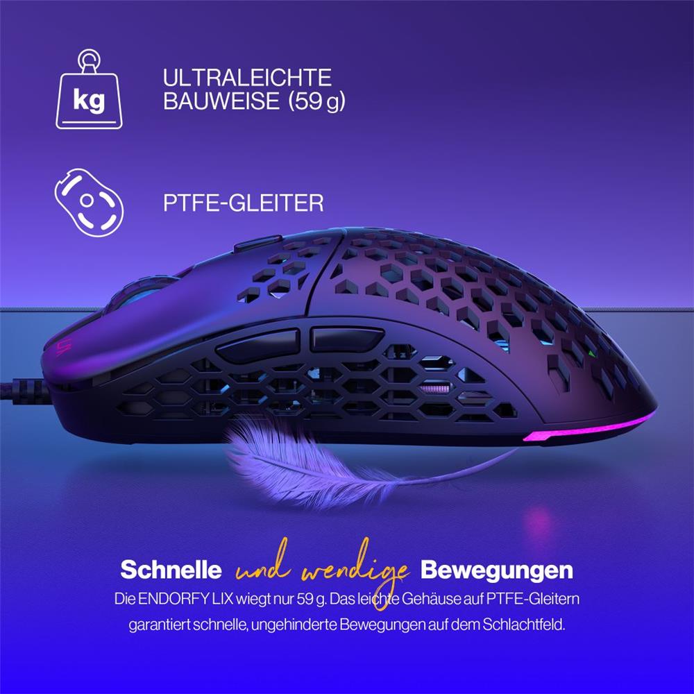 ENDORFY LIX, Ultraleichte Gaming-Maus (59 g), 8000 DPI, Schwarz | EY6A002