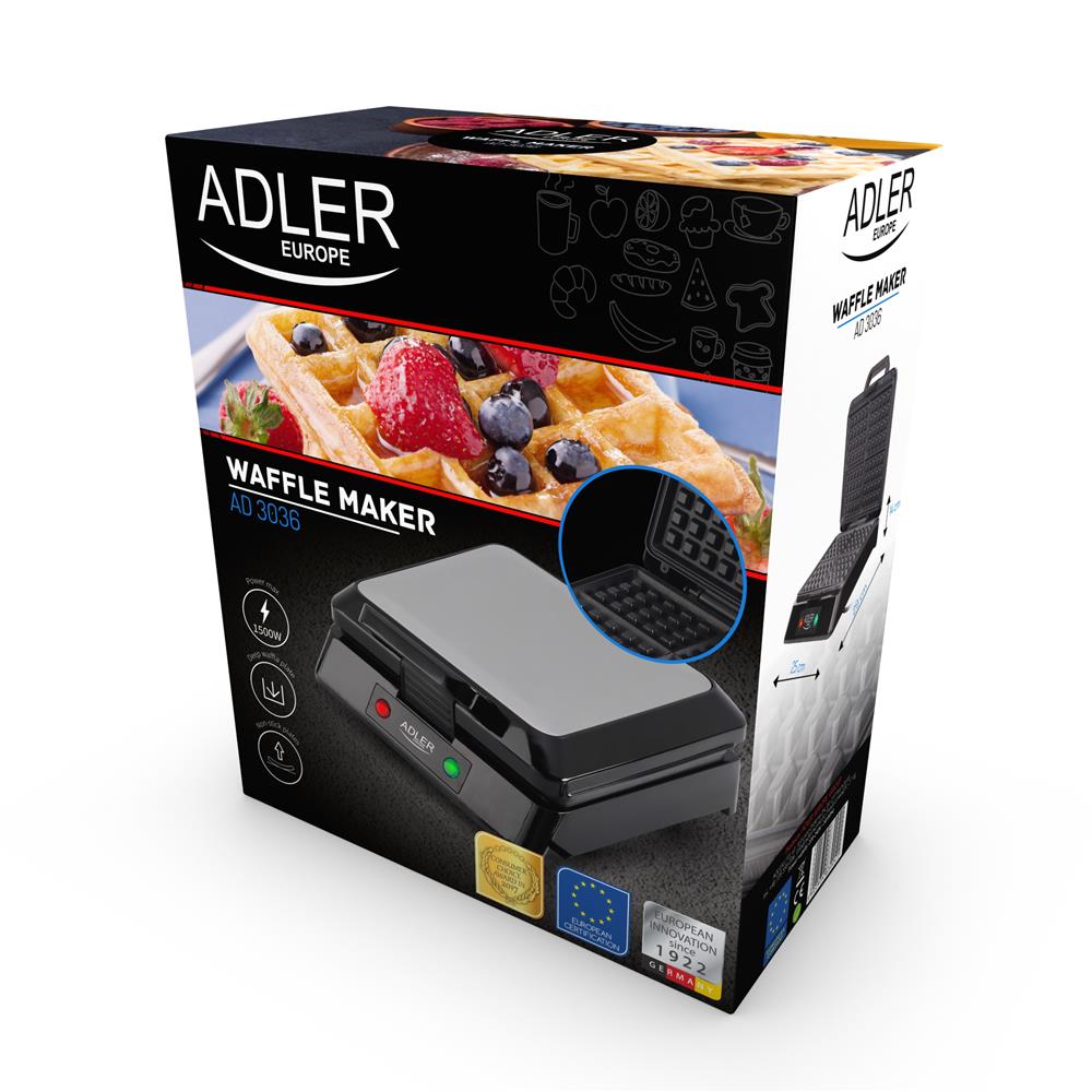 Adler AD 3036 Waffeleisen 4 belgische Waffeln gleichzeitig Silber Schwarz 1500 Watt Waffel Maker