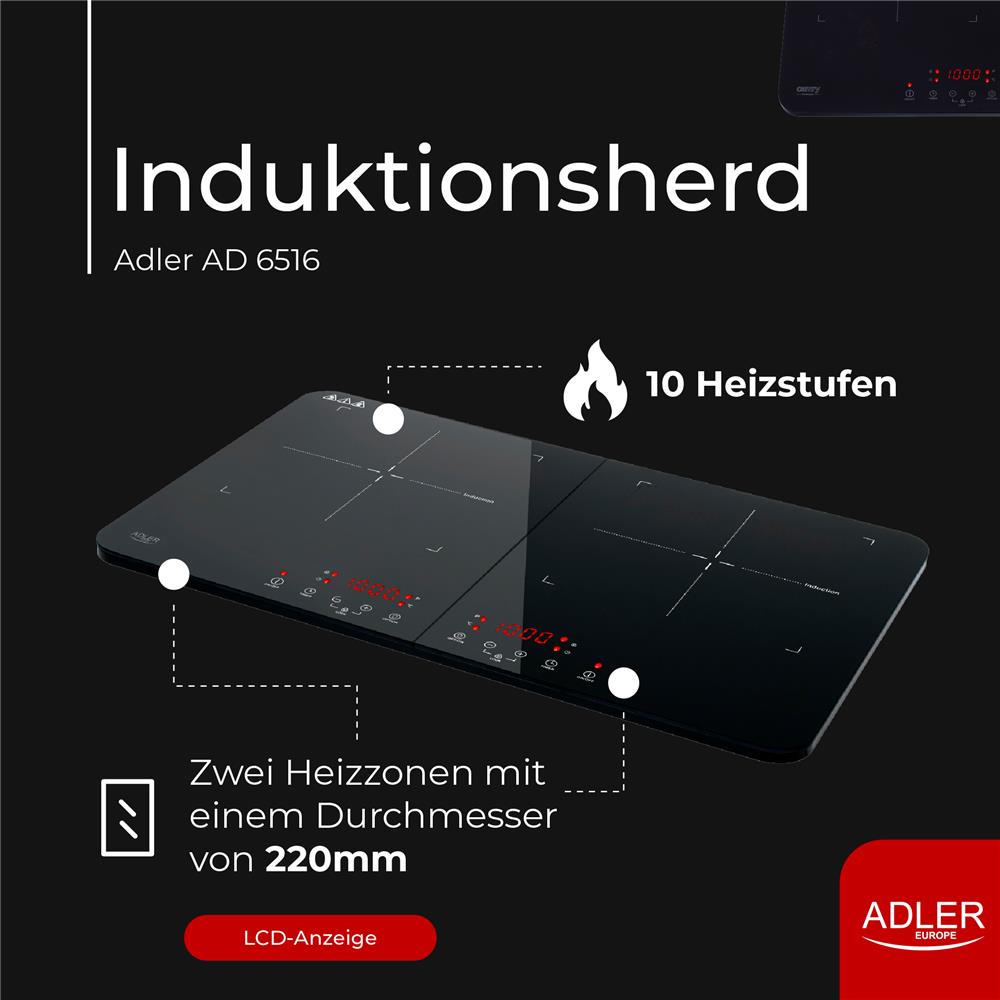 Adler AD 6516 Doppel-Induktionskochfeld 3500W schwarz – Kompakt & leistungsstark