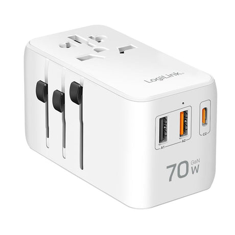 LogiLink Universal-Reisenetzteil 70W PD, 4 Anschlüsse + Kabel, Weiß