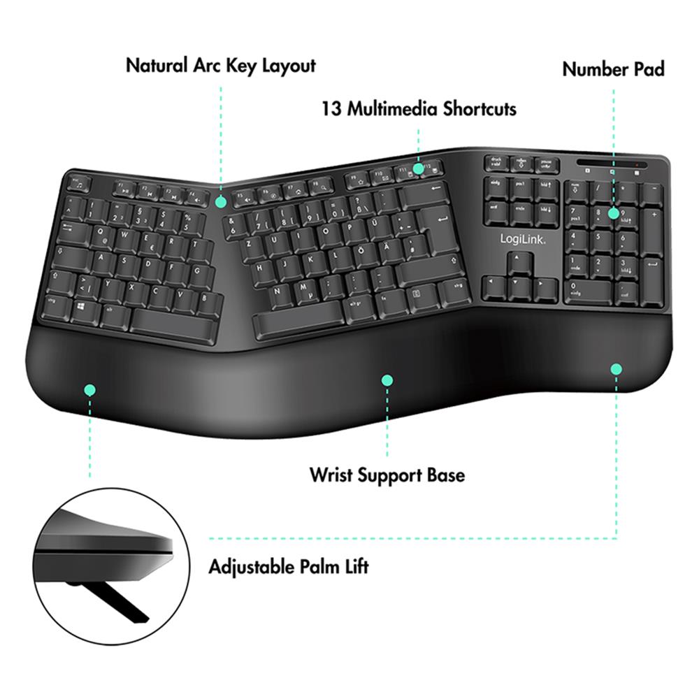 LogiLink Ergonomisches Funk-Tastatur-Maus-Set mit geteilter Tastatur, schwarz