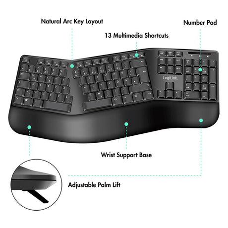 LogiLink Ergonomisches Funk Tastatur Maus Set Schwarz