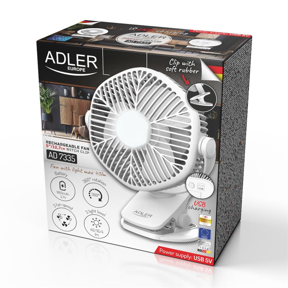 Adler AD 7335 Akku Ventilator mit LED Licht und Drehfunktion Weiß