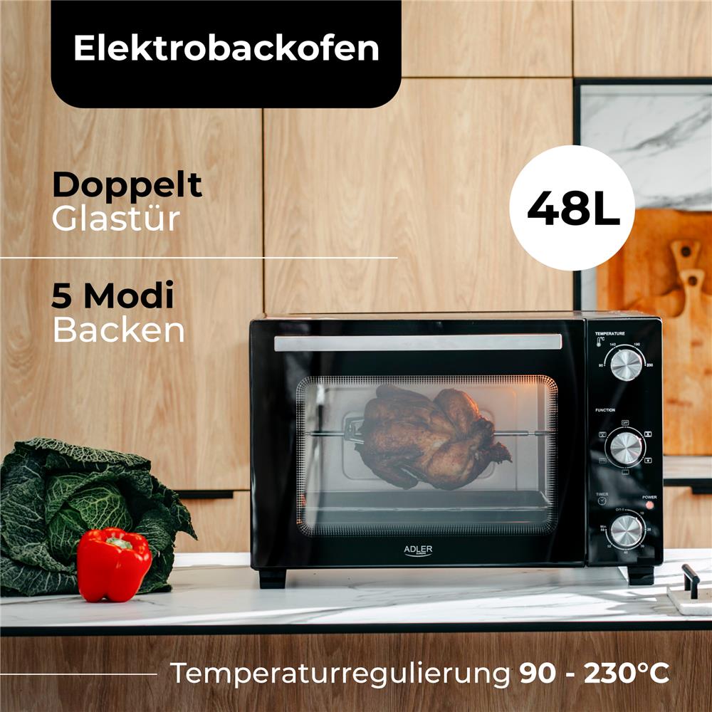 Adler AD 6026 Elektrobackofen 48L Umluft Timer Mini Backofen Drehspieß schwarz