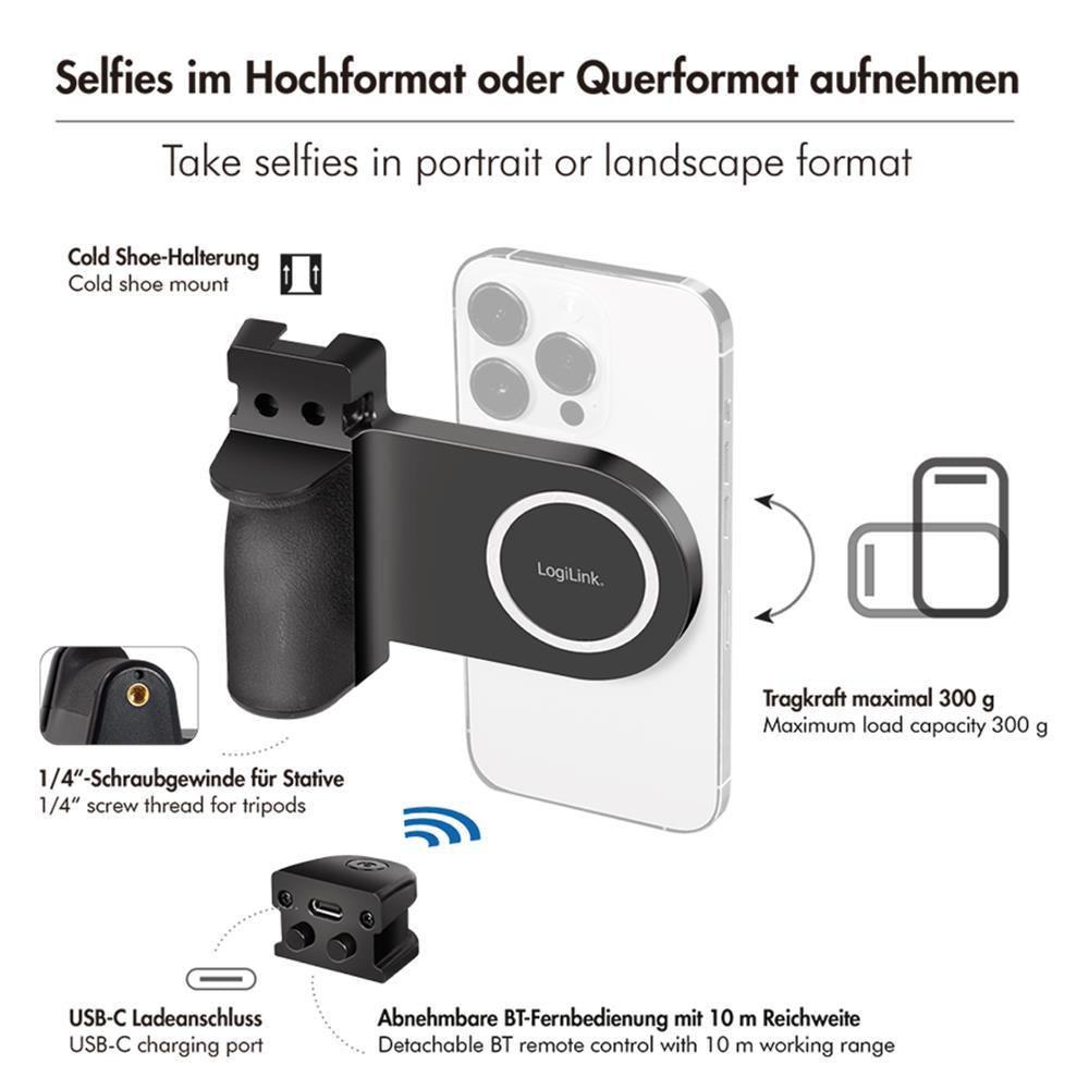 LogiLink Magnetischer Smartphone-Griff mit LED-Licht & BT5.2 Kameraauslöser – MagSafe-kompatibel