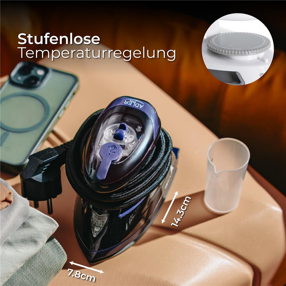 Adler AD 5049 Reise- und Dampfbügeleisen Schwarz Trockenbügeln genaue Temperaturkontrolle kompakt