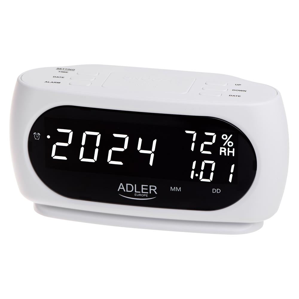 Adler AD 1186 LED Wecker mit Thermometer Datum Luftfeuchtigkeit Batterie weiß