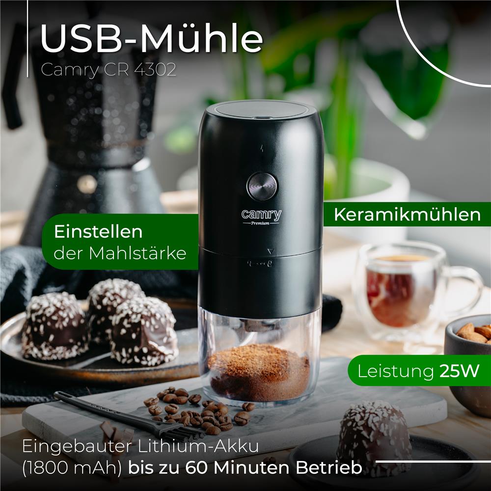 Camry CR 4302 kabellose elektrische USB-Kaffeemühle mit Keramikfräser, Akku, schwarz