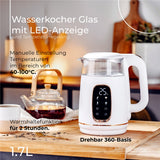 Adler AD 1305 Glas-Wasserkocher 1,7 L mit Temperaturwahl 40–100°C, LED-Display, Warmhaltefunktion 2 Std., 2200 W, Touch-Bedienung weiß gold