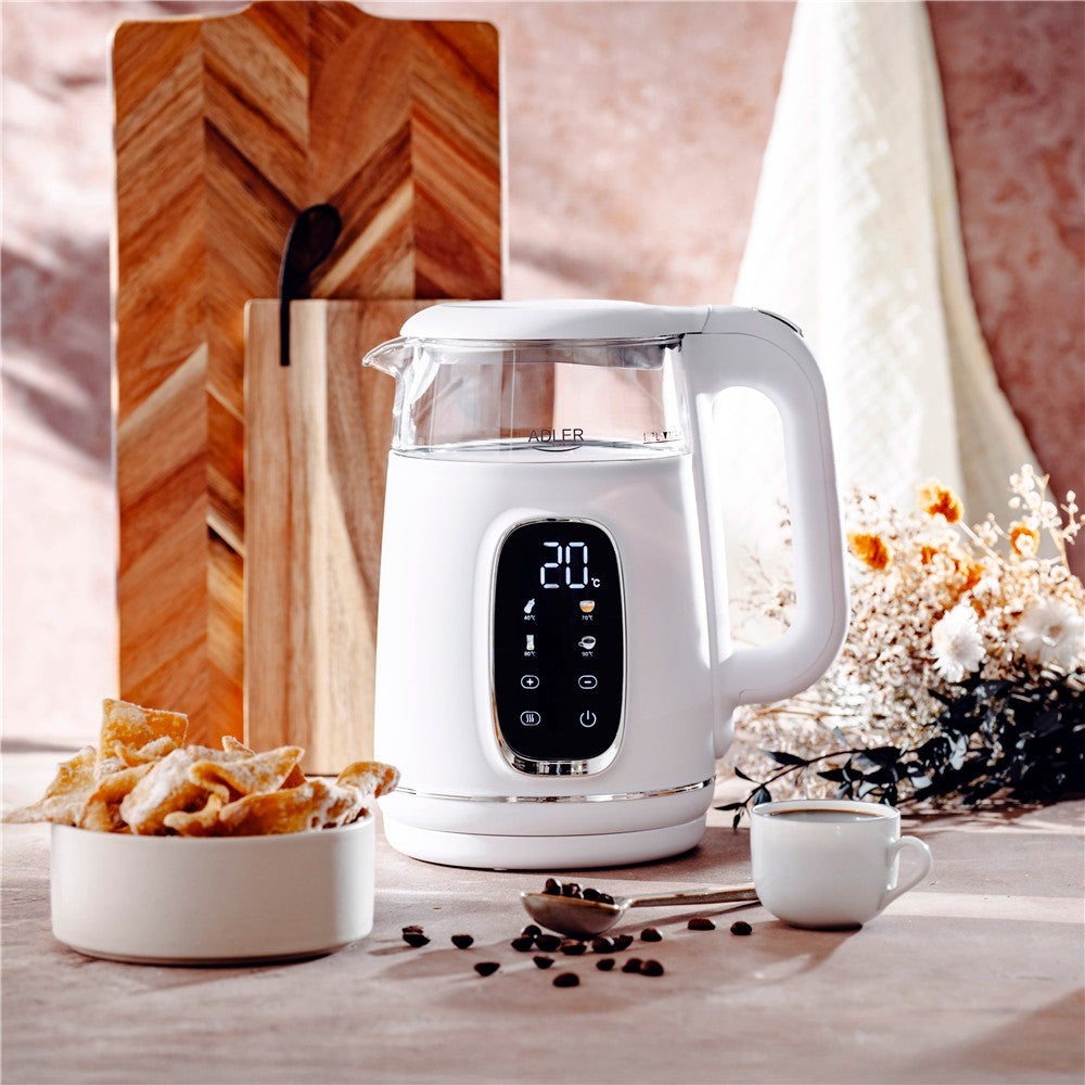 Adler AD 1305 Glas-Wasserkocher 1,7 L mit Temperaturwahl 40–100°C, LED-Display, Warmhaltefunktion 2 Std., 2200 W, Touch-Bedienung weiß silber