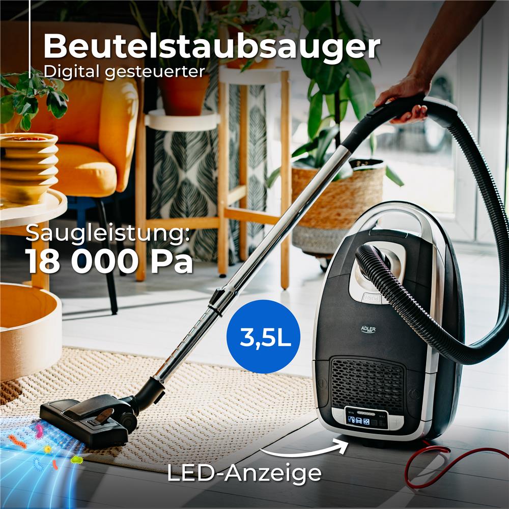 Adler AD 7069 Staubsauger mit Beutel, 3200W Max-Leistung, 5 Saugmodi, EPA 12 Filter