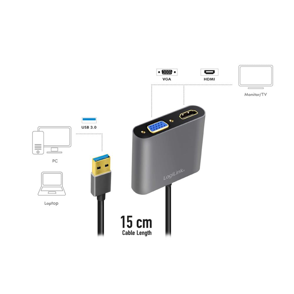 LogiLink USB 3.0-Adapter USB-A/M zu HDMI-A/F + VGA/F, 1080p, schwarz, 0,15 m