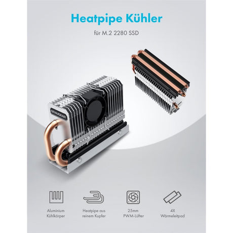 GRAUGEAR Heatpipe Kühler für M.2 NVMe 2280 SSD mit PWM Lüfter regelbar Aluminium Festplattenkühler