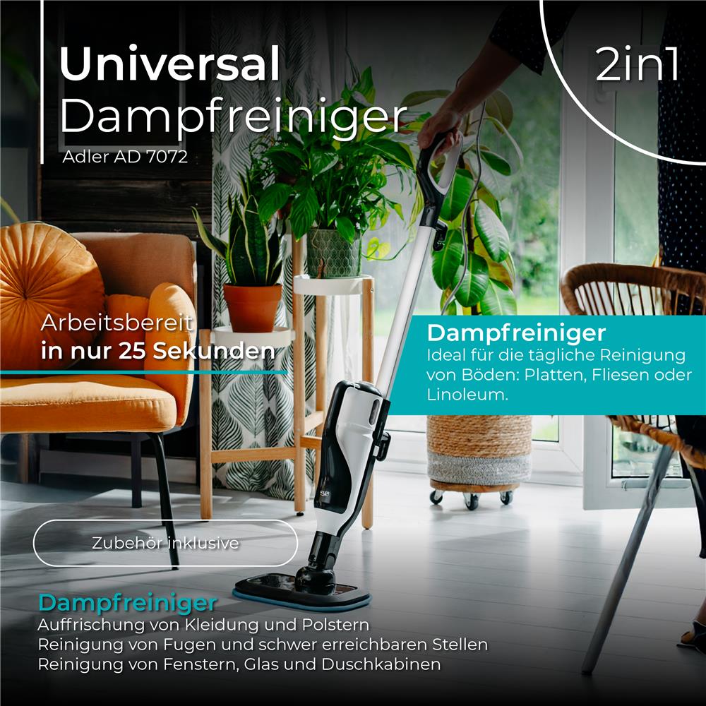 Adler AD 7072 Universal Dampfreiniger – 3 Stufen, 1300 W, inkl. Zubehör