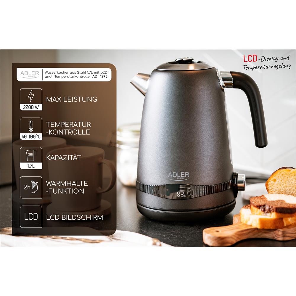 Adler AD 1295 Wasserkocher 1,7L mit LCD Display Temperaturregelung grau