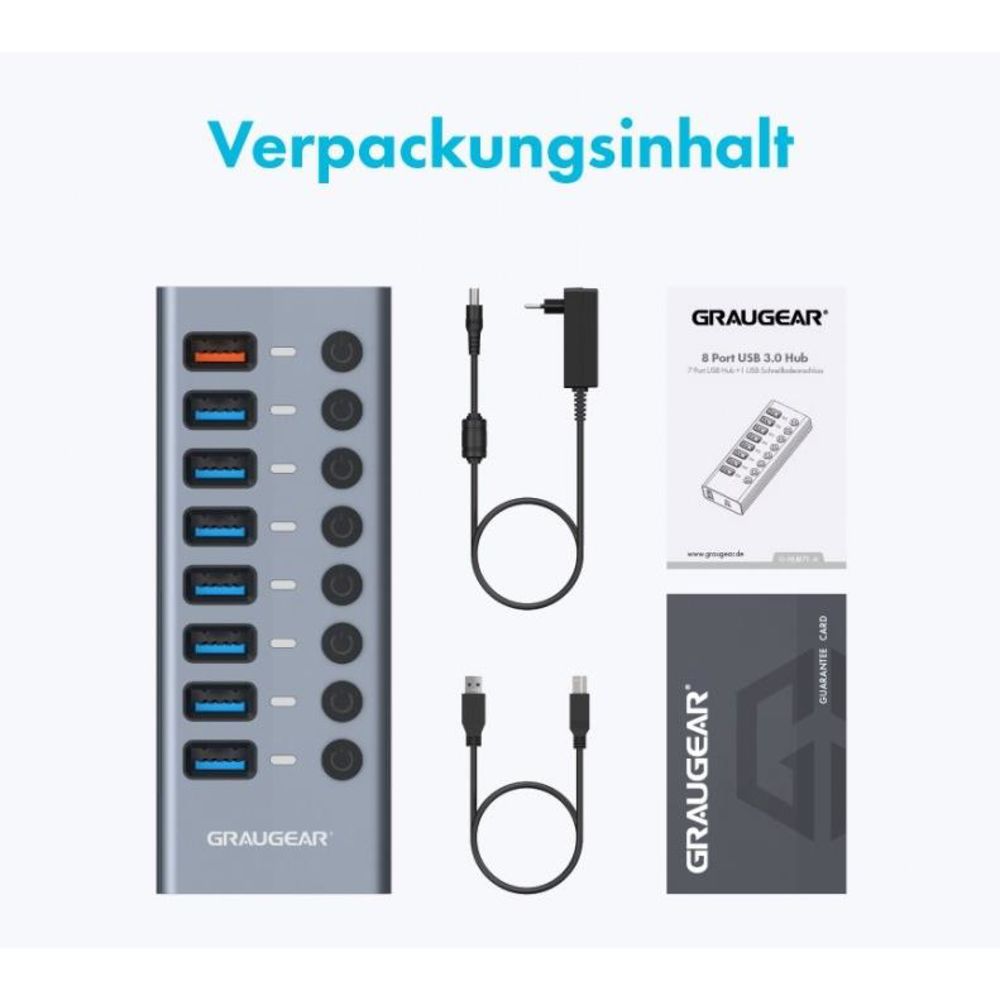 GRAUGEAR 8 Port USB 3.0 HUB, 7 Port USB Hub mit 1 USB Schnellladeanschluss