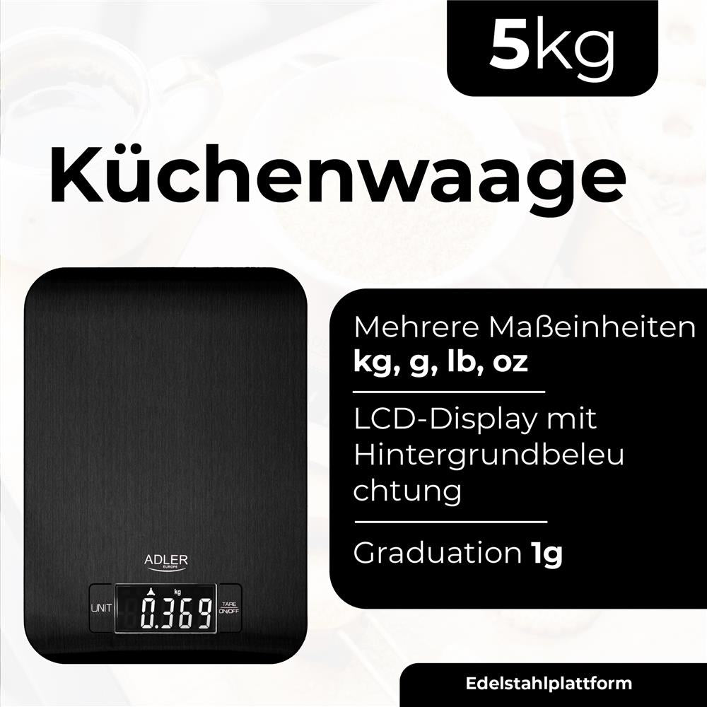 Adler AD 3183 Digitale Küchenwaage mit LCD Anzeige hintergrundbeleuchtet Schwarz
