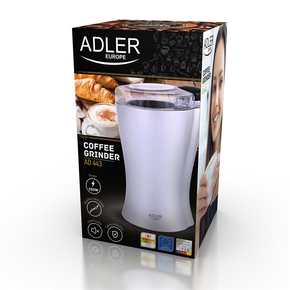 Adler AD 443 elektrische Kaffeemühle silber 150 Watt Gewürzmühle 70g Fassungsvermögen