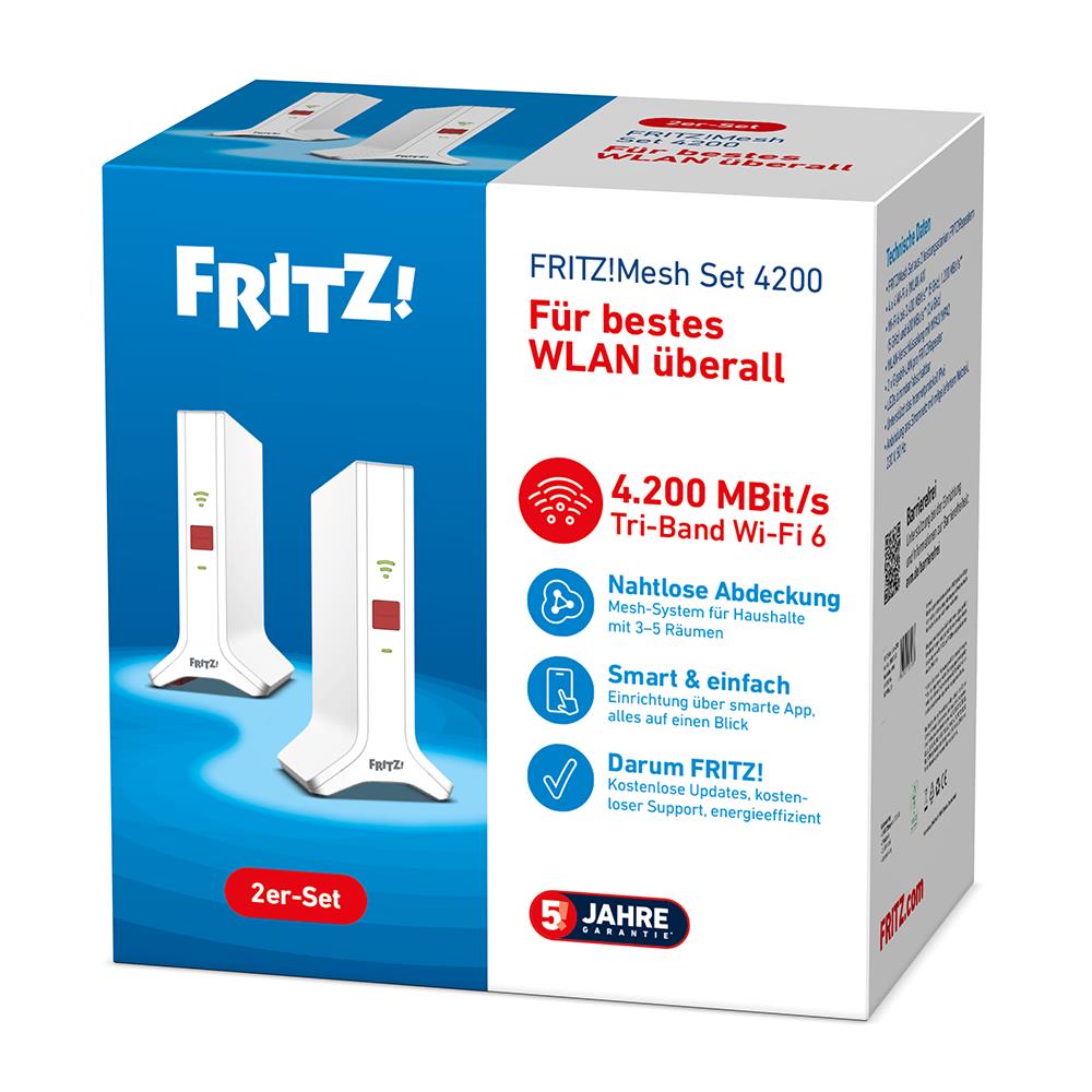 AVM FRITZ!Mesh Set 4200 2er-Set - Für bestes WLAN überall, Triband Wi-Fi 6 für ultraschnelle Leistung