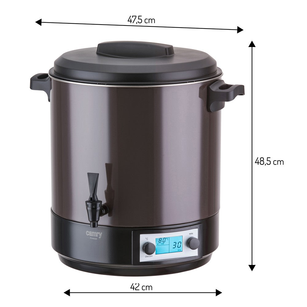 Camry CR 4537 Einkochautomat 28L mit LCD-Display, Edelstahl Einkochtopf mit Zapfhahn, Warmhaltefunktion, Timer 180 Min., 30-100 °C, Glühweinkocher, Getränkespender, 2600W