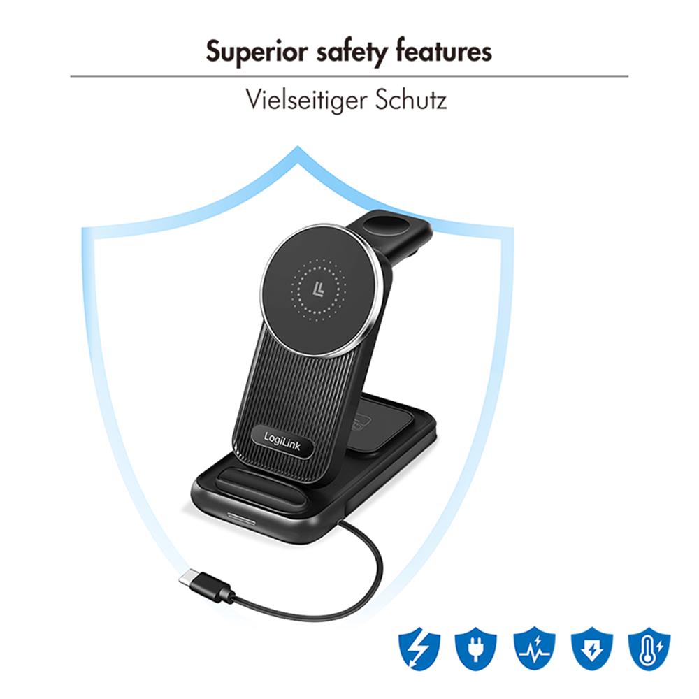 LogiLink 4-in-1 Ladestation – MagSafe kompatibel, kabellos, max. 20,5 W, schwarz