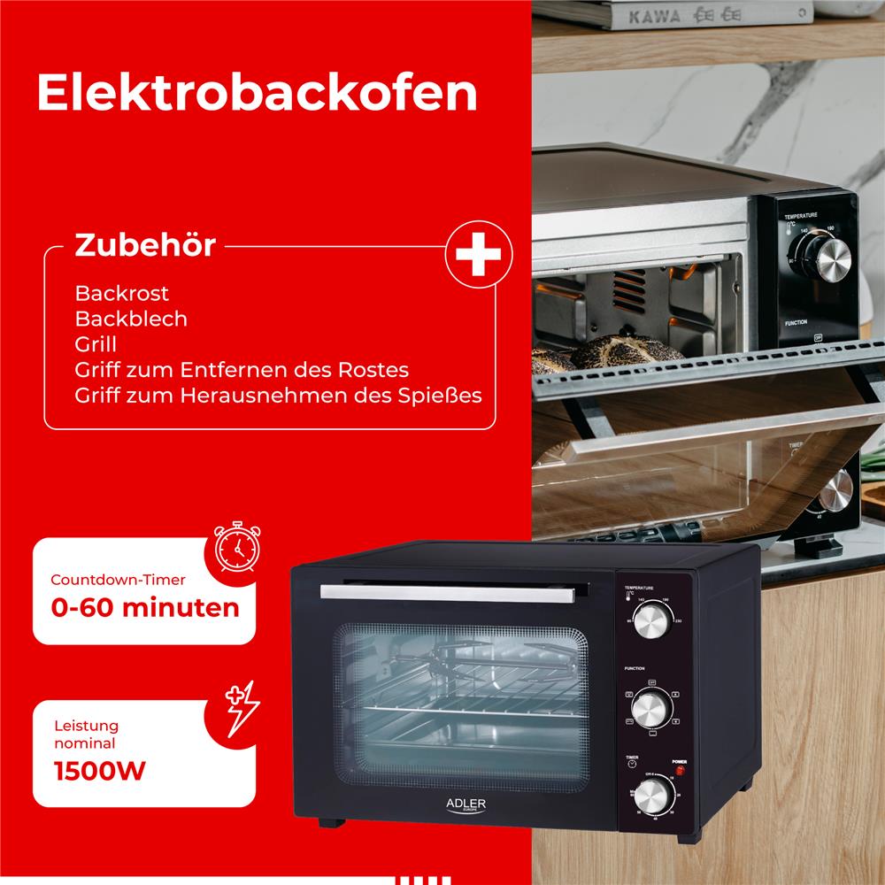 Adler AD 6026 Elektrobackofen 48L Umluft Timer Mini Backofen Drehspieß schwarz