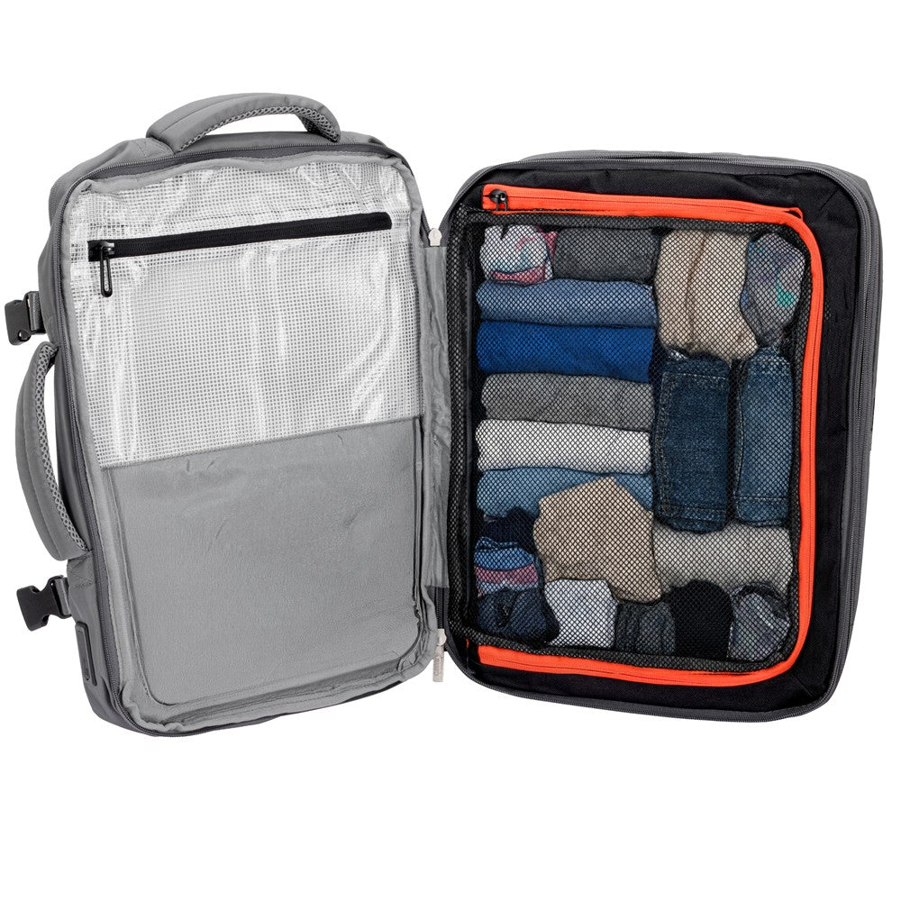 Camry CR 6881mg Reiserucksack 24L erweiterbar, Handgepäck Rucksack mit Laptopfach bis 15,6 Zoll, Business Backpack mit RFID-Fach, USB-Anschluss, Trolleykompatibel Grau